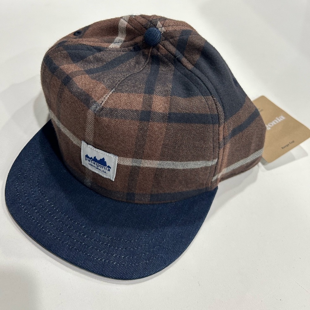 Patagonia Men's Range Cap Brown Blue Plaid Hat NWT Hat Organic Cotton Canvas